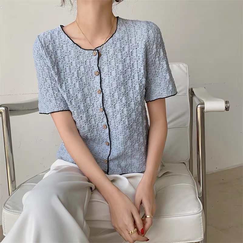 Áo sơ mi ren thiết kế nữ kiểu cổ tròn tay ngắn phong cách trẻ trung sang trọng New Arival