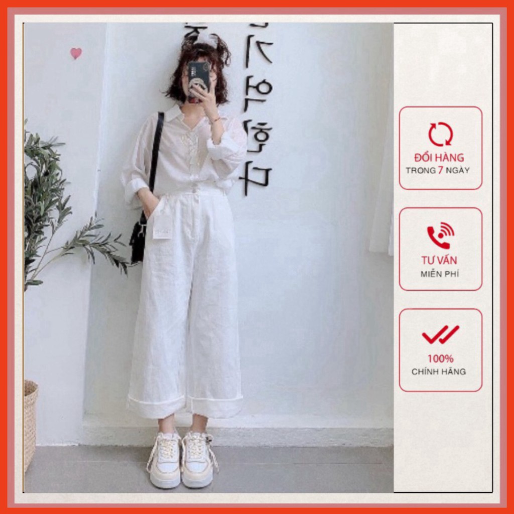 Quần ống rộng nữ suông dài cạp cao, Quần culottes kaki ống suông 2 cúc kèm hình thật
