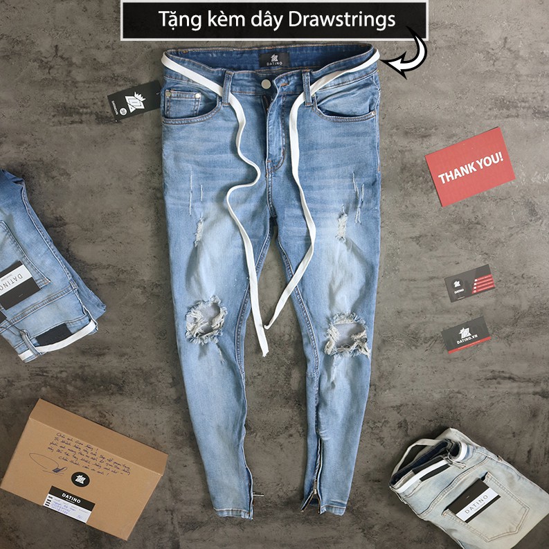 Quần jean nam Streetwear DATINO xanh rách gối form Skinny co giãn ống khóa Zipper, bền màu