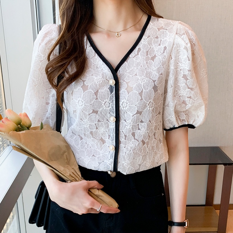 Áo Sơ Mi Chiffon Phối Ren Rỗng Kiểu Pháp Thanh Lịch Thời Trang Cho Nữ 2021