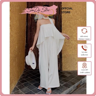 Jumpsuit Cúp Ngực Đi Biển Chất Lụa Mango Mềm Không Nhăn, Jumpsuit Trắng Dài Phối Dây Thắt Nơ Sang Chảnh