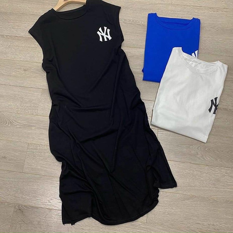 Đầm suông sát nách thêu chữ NY cổ tròn chất cotton dáng dài - Váy ngủ thun tay hến co dãn from rộng ba màu cá tính