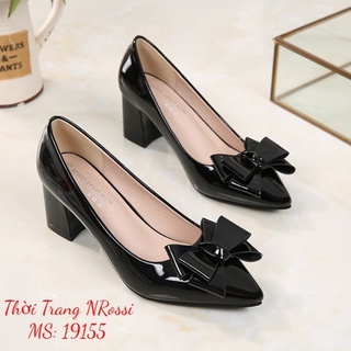 Giày bít mũi đính nơ sang trọng gót vuông 5 phân đen bóng  Big Size 40 41 42 43 44
