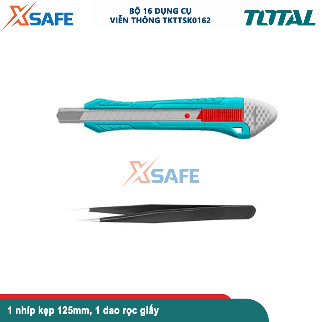 Bộ 16 tua vít và kìm chuẩn TOTAL TKTTSK0162, bộ dụng cụ gồm 10 tua vít, 4 kìm mini, 1 dao rọc giấy và 1 nhíp kẹp 125mm