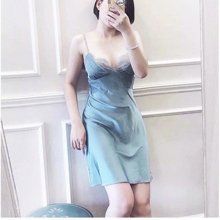 Đầm Ngủ Sexy Lụa Satin 2 Dây Đẹp Gợi Cảm Cao cấp Hàng quảng châu loại 1 giá rẻ tại HN, HCM (Mút ngực trắng)- Xanh ་