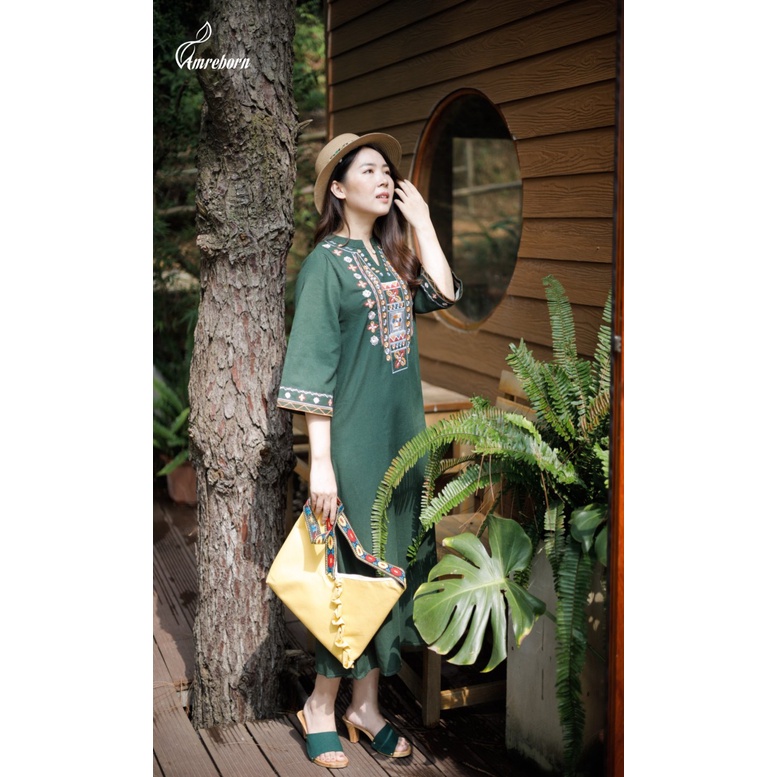 Đầm suông linen che khuyết điểm, dáng dài freesize, thêu họa tiết thổ cẩm, phong cách vintage, bohomian