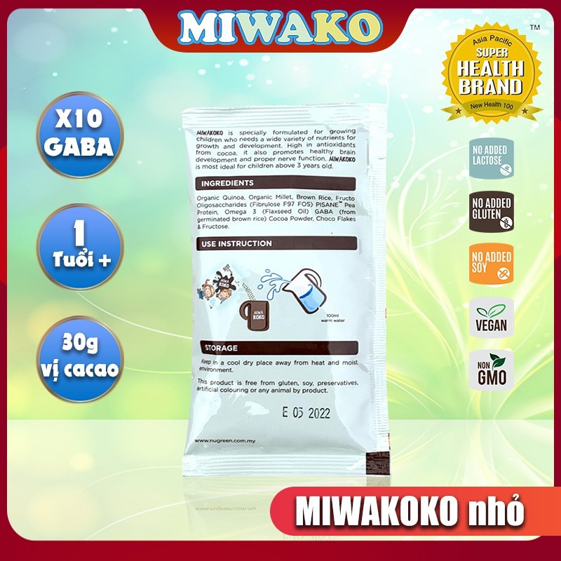 Sữa thực vật hữu cơ Miwako, Gói 30g cho trẻ dị ứng đạm sưa bò, k dung nạp lactose, tăng động giảm chú ý, tự kỷ, chậm nói