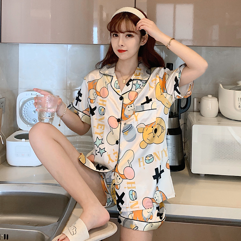 Bộ Đồ Ngủ Vải Phi Bóng Phong Cách Hàn Quốc Cho Nữ