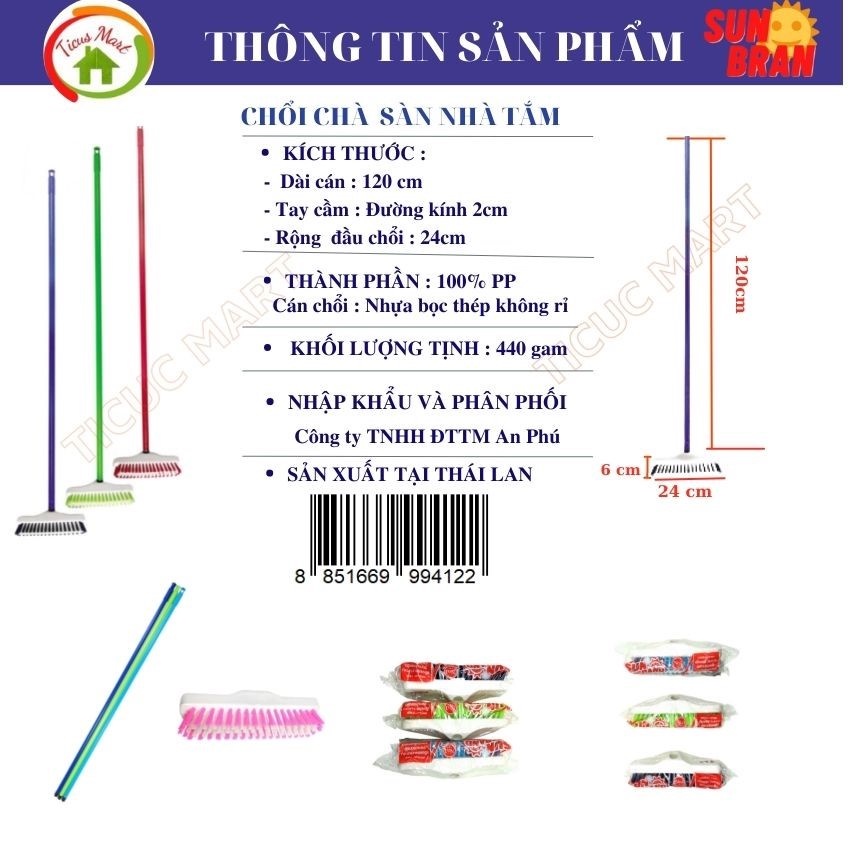 Chổi cọ nhà vệ sinh cán dài,chà sàn nhà tắm Sun Brand Thái Lan đầu bàn chải cứng cáp,chà sạch mọi góc khuất