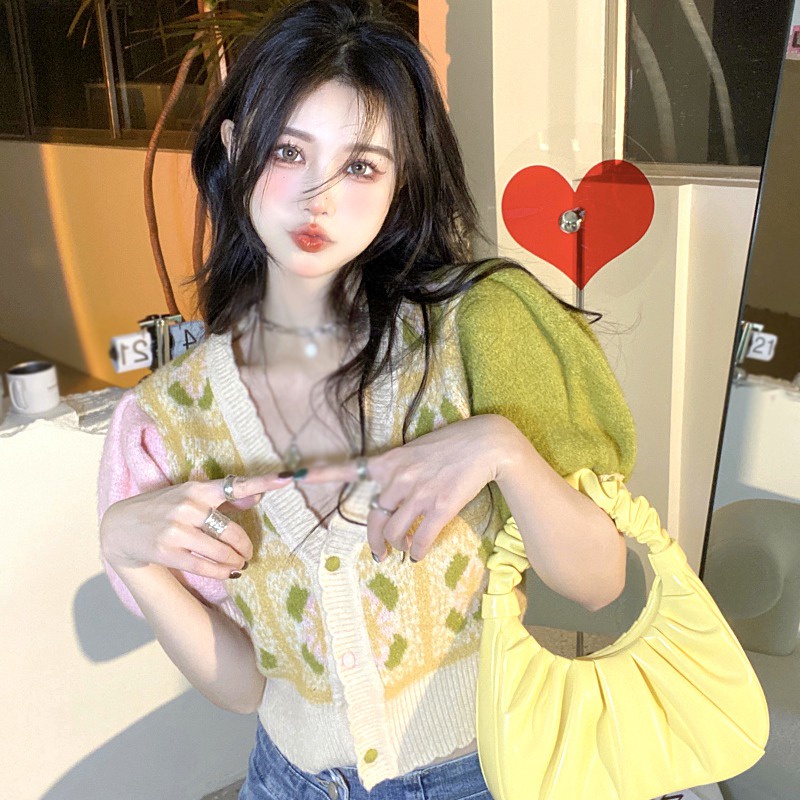 Áo Thun Croptop Dệt Kim Tay Phồng Cổ Chữ V Phong Cách Thời Trang Hàn Quốc