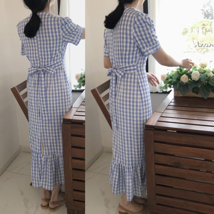 [ORDER] Đầm Caro Cổ Ren - Váy Tiểu Thư Thiết Kế Dáng Dài Thắt Eo Phù Hợp Đi Chơi Dự Tiệc Cưới Xanh Trắng VD107
