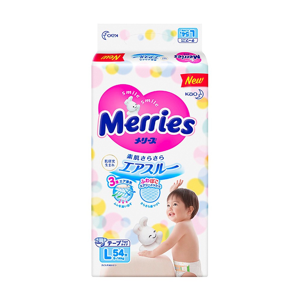 Combo 2 Tã/bĩm dán Merries size L - 54 miếng (Cho bé dưới 9-14 kg)