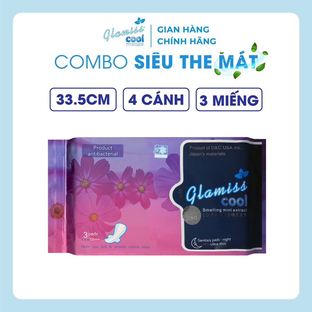 Băng vệ sinh thảo dược Glamiss Cool ban đêm 33.5cm siêu the mát - Gói 3 miếng