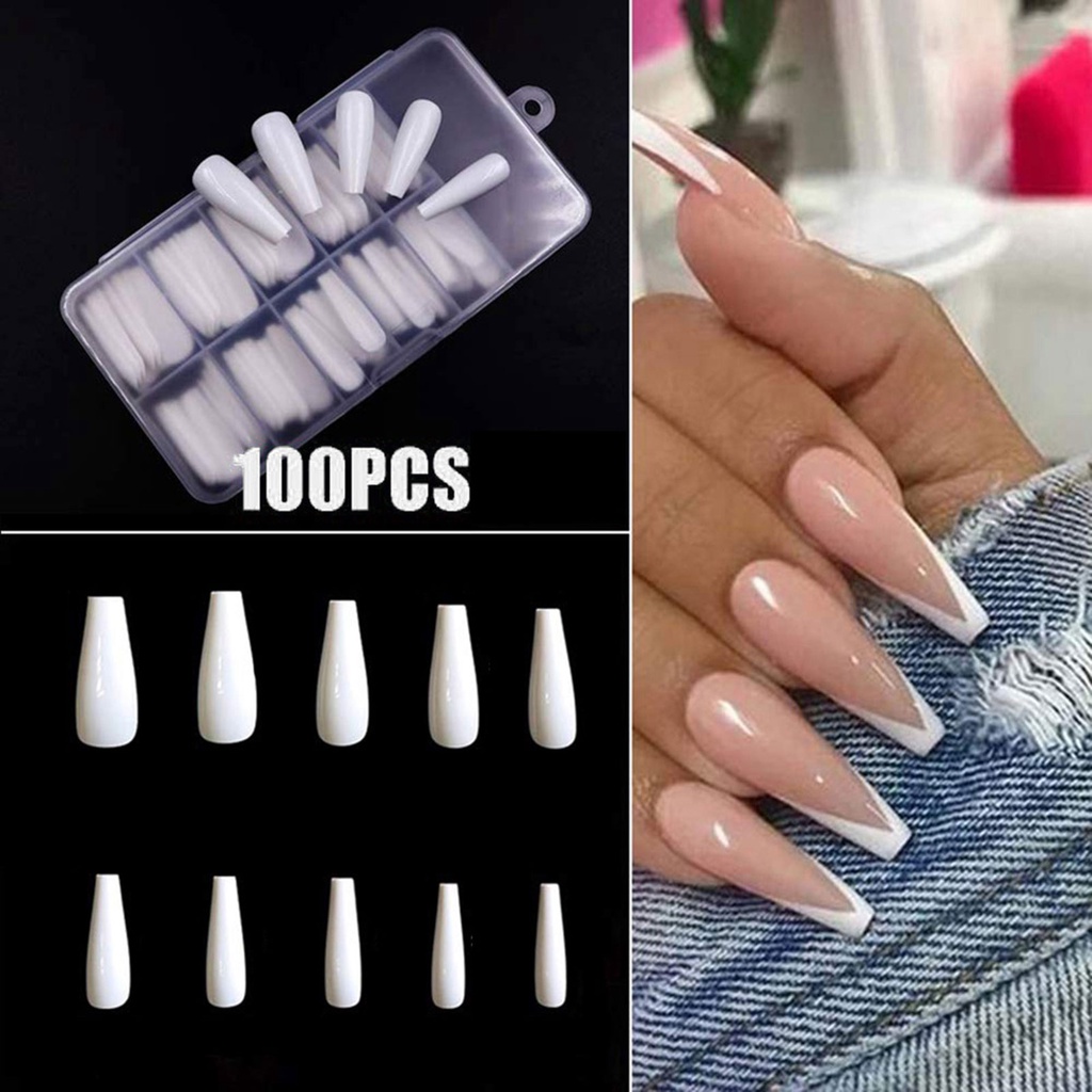 Set 100/500Pcs móng tay giả màu trơn tự nhiên kèm hộp