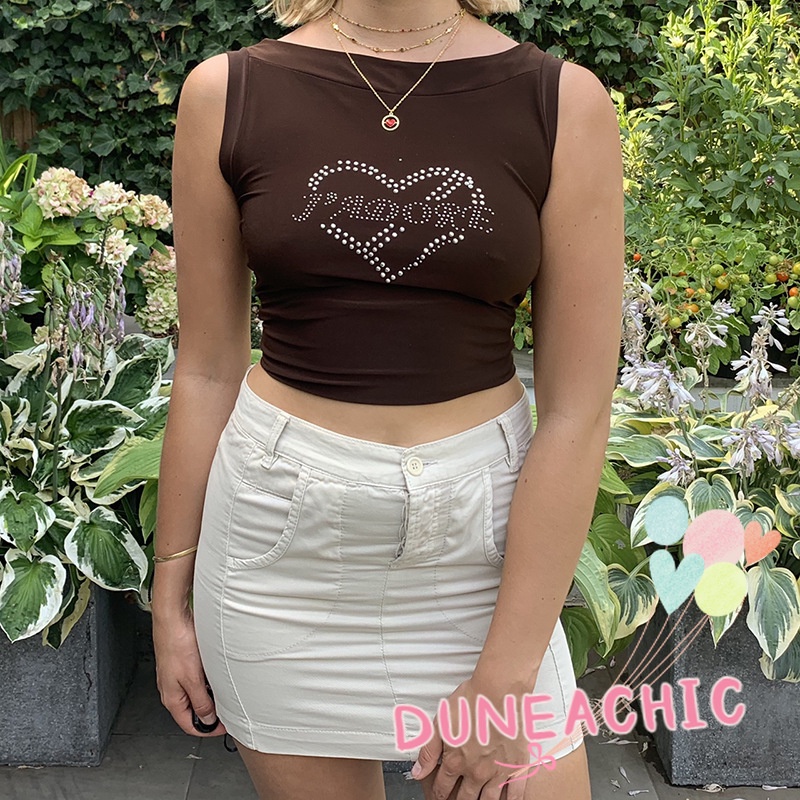 DUNEA Áo Tank Top Sát Nách Cổ Tròn Đính Đá Lấp Lánh Phong Cách Đường Phố Cá Tính
