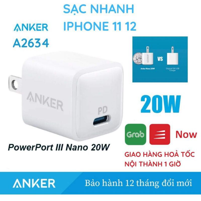 Cốc , củ sạc nhanh 20W Chính hãng ANKER Powerport PD Nano A2634 cho IPhone 12 , 12 Pro Mã , IPhone 11 Pro Max