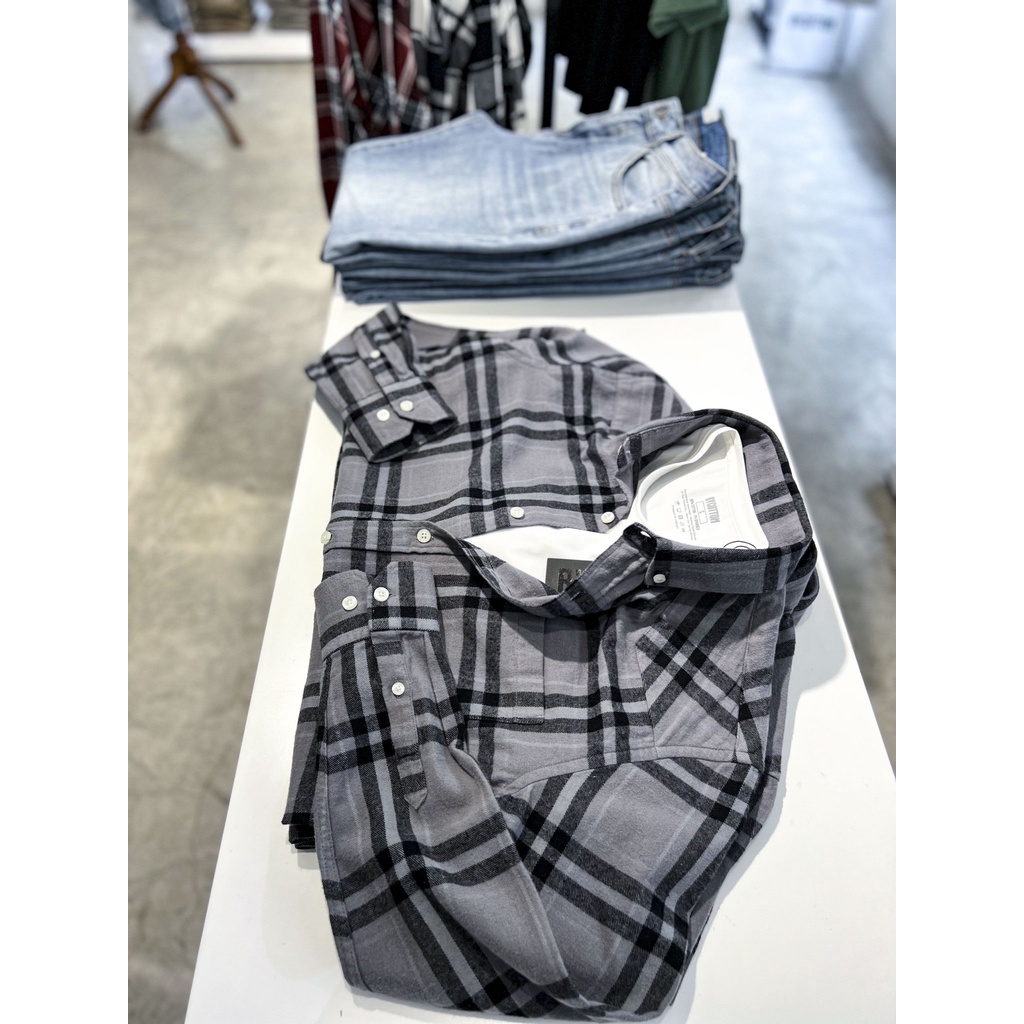Áo Sơ Mi Nam Cao Cấp Black Grey Checked Flannel Shirt BY COTTON