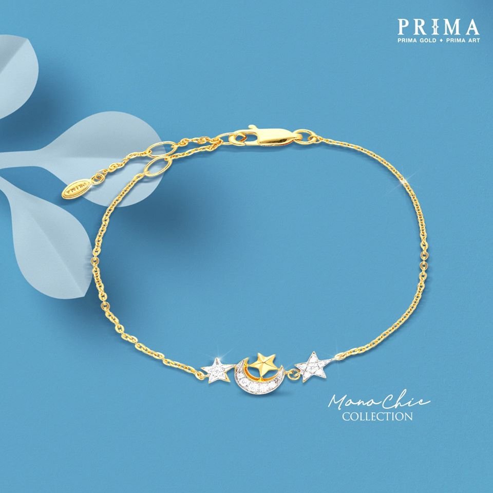 PRIMA Lắc Tay Vàng 18K - Đính Kim cương - BST MonoChic - Mặt trăng và Ngôi sao - 105L0268