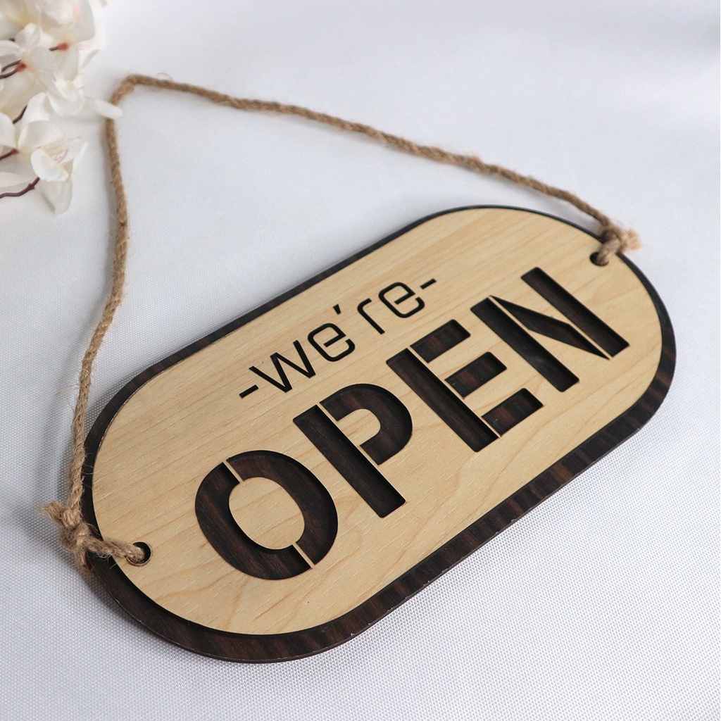 Bảng gỗ OPEN CLOSE 2 mặt và 3 lớp, dây treo trang trí quán, cửa hàng...