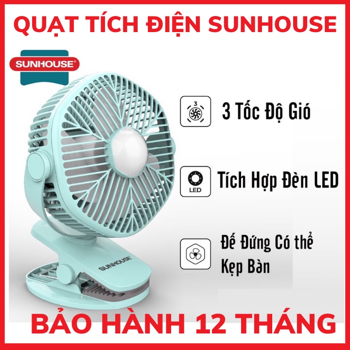 Quạt mini kẹp bàn -Quạt tích điện Sunhouse thích hợp cho dân Văn Phòng, Xoay 360 độ, Kẹp chắc chắn-BH 12 THÁNG