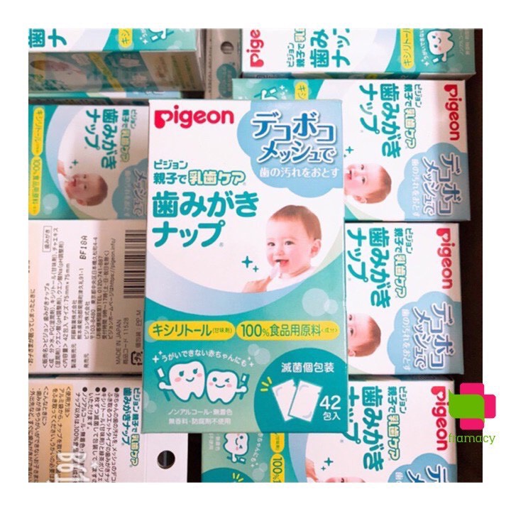 Khăn giấy gạc rơ lưỡi Xylitol Pigeon, Nhật Bản (Hồng hương dâu/Xanh hương tự nhiên 42 miếng) vệ sinh răng miệng cho bé