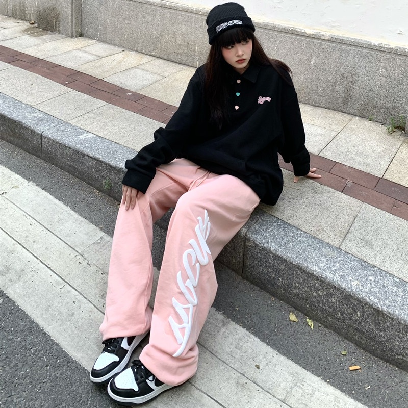 Quần Thể Thao Ống Rộng Lưng Cao In Họa Tiết Thời Trang Hàn Quốc Cho Nữ