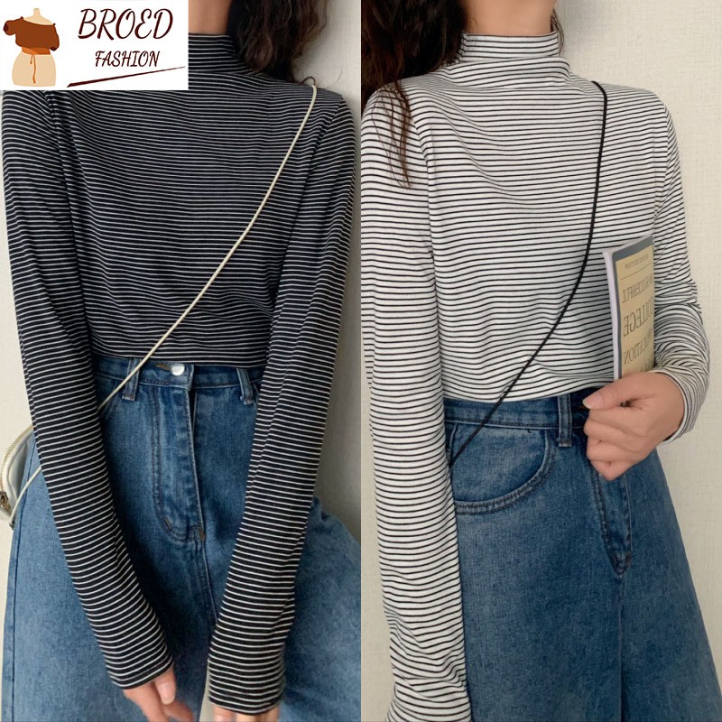 Áo Thun Cổ Cao Dáng Ôm Kẻ Sọc Ngang Trẻ Trung Phong Cách Hàn Quốc