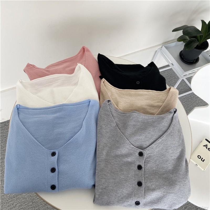Áo Cardigan Dệt Kim Tay Dài Cổ Chữ V Màu Trơn Thiết Kế Đơn Giản Phong Cách Hàn Quốc Cho Nữ