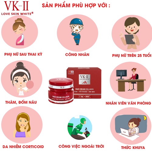 Kem dưỡng da, mờ nám, tàn nhang, đồi mồi VK II Love Skin White Face Cream Collagen 10g