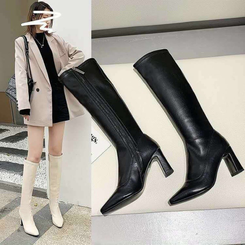 BỐT ĐÙI DA MỜ CAO CẤP CỔ CAO MŨI Nhọn Gót Vuông Dẹt  Boot ĐÙi Khóa Cạnh 2088