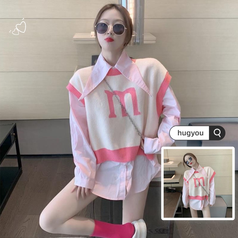 Set Áo Sơ Mi Tay Dài Dáng Rộng + Áo Len Không Tay Phong Cách Hàn Quốc Cho Nữ