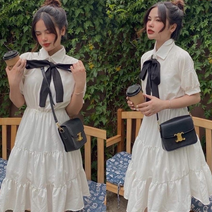 Váy trắng babydoll nữ vintage cộc tay buộc nơ cổ, đầm nữ dự tiệc dáng suông dài thướt tha