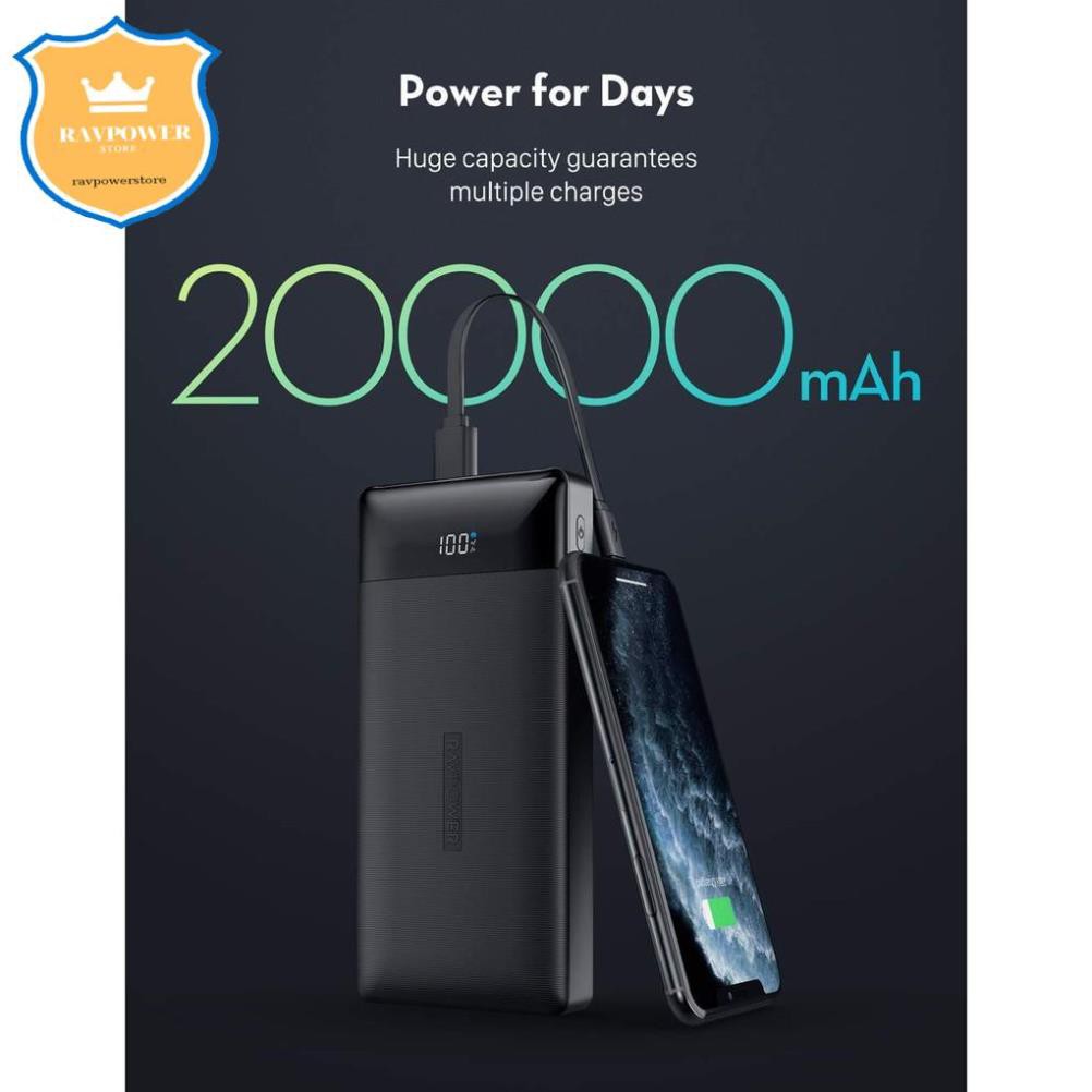 Sạc dự phòng RavPower RP-PB172 20000mAh, PD 3.0 18W & QC 3.0 18W- THƯƠNG HIỆU USA- HÀNG CHÍNH HÃNG