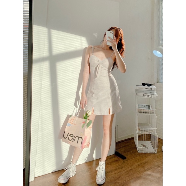 Váy 2 dây dáng chữ A thiết kế thắt nơ ngực tôn dáng 2 lớp có mút ngực MIEU - JJN13