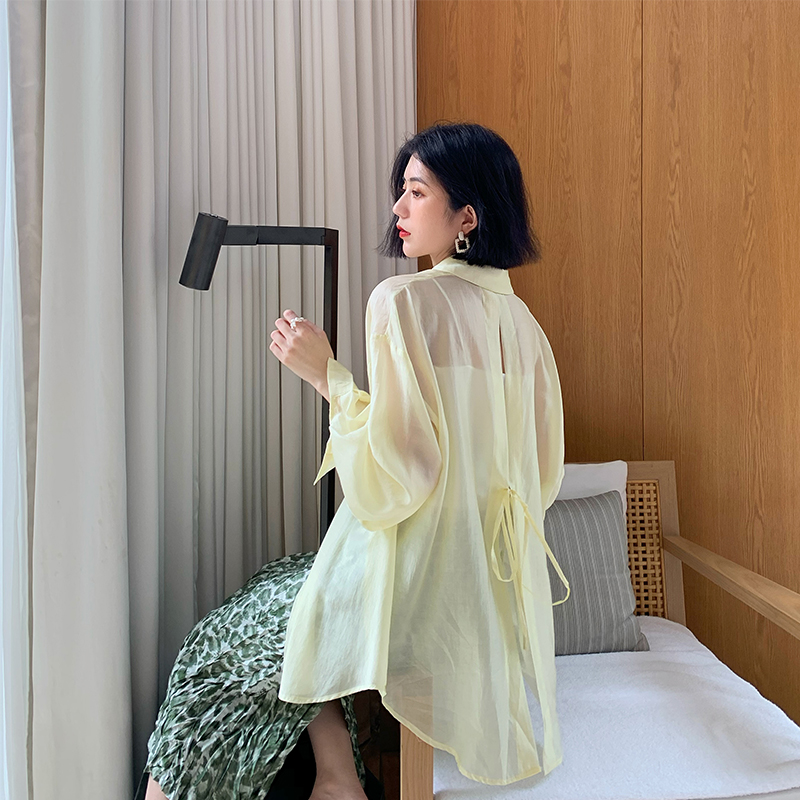 Áo sơ mi tay dài dáng rộng phối dây buộc thời trang quyến rũ cho nữ