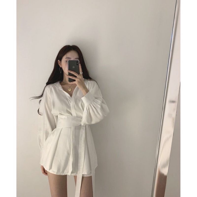 Sét Đồ Hàn Quốc Áo Váy Sơ Mi Buộc Eo Kèm Quần, Sét Đồ Nữ Thanh Lịch Bánh Bèo Chan House