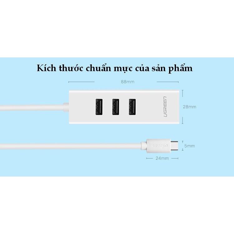 Cáp chuyển đổi USB Type C sang Lan RJ45 và 3 cổng USB 2.0 Ugreen 020792 - Hàng Chính Hãng BH 18 Tháng