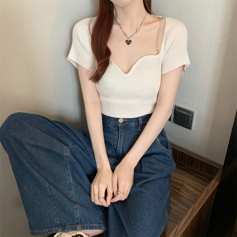 SUXI Áo Croptop Dệt Kim Tay Ngắn Màu Sắc Thời Trang Mùa Hè Cho Nữ