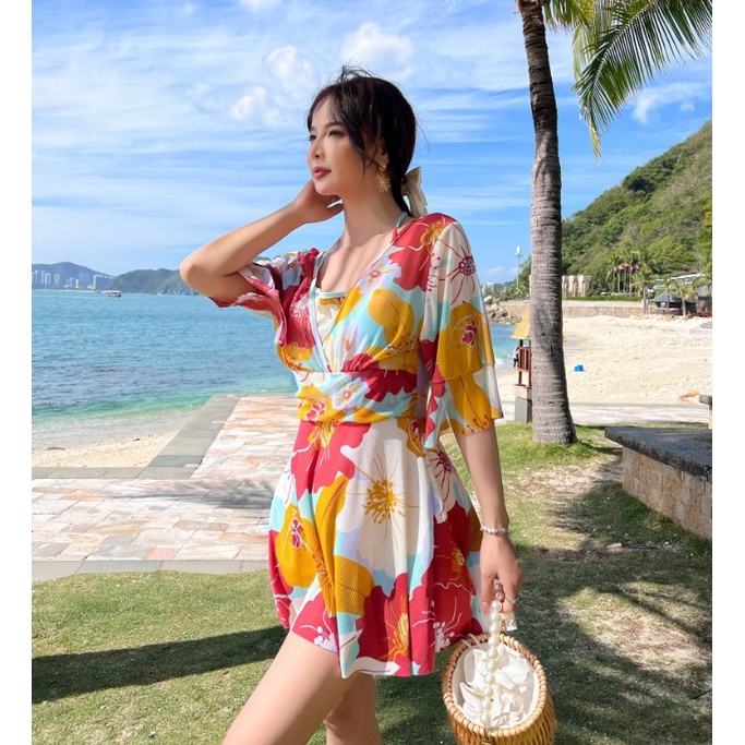 Bộ đồ bơi nữ liền mảnh váy họa tiết hoa chất thun dày đẹp phối lưới xịn size lớn