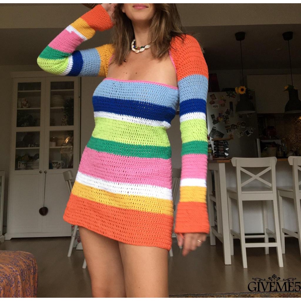 Đầm Chữ A Cổ Vuông Tay Dài Họa Tiết Kẻ Sọc Màu Sắc Tương Phản Thời Trang Đi Biển Cho Nữ