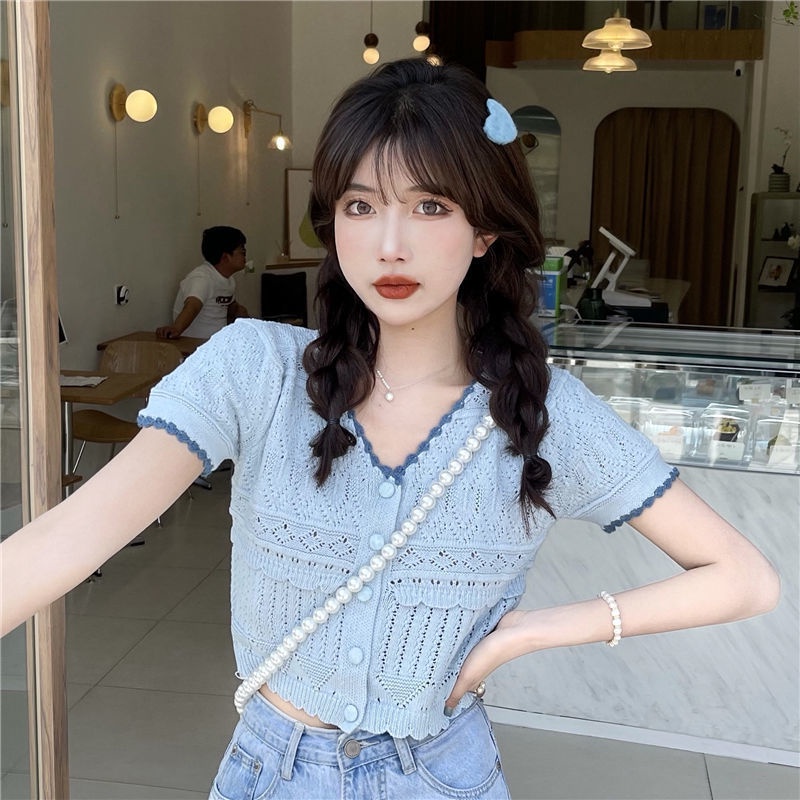 Áo Cardigan Dệt Kim Lụa Lạnh Tay Nửa Cổ Chữ V Thời Trang Mùa Hè Cho Nữ