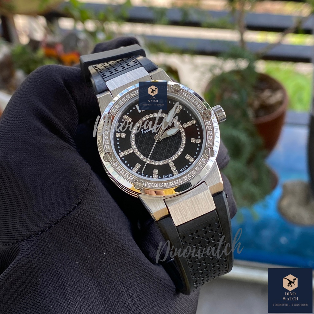 Đồng Hồ Nữ Ferragamo F80 Classic Dây Cao Su Màu Đen - Viền Đính Đá - Size 33mm - Máy Quartz