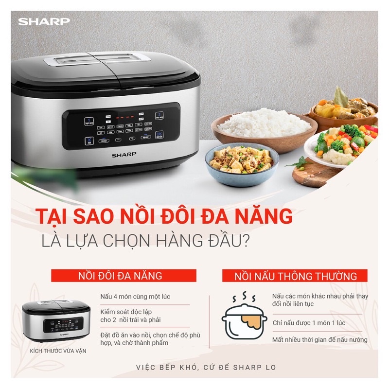 Nồi Cơm Điện Tử 2 Ngăn Sharp KN-TC50VN, 1.8lit - 900w, Nấu Đa Năng Cùng Lúc 2 Lòng Nồi, Hàng Chính Hãng