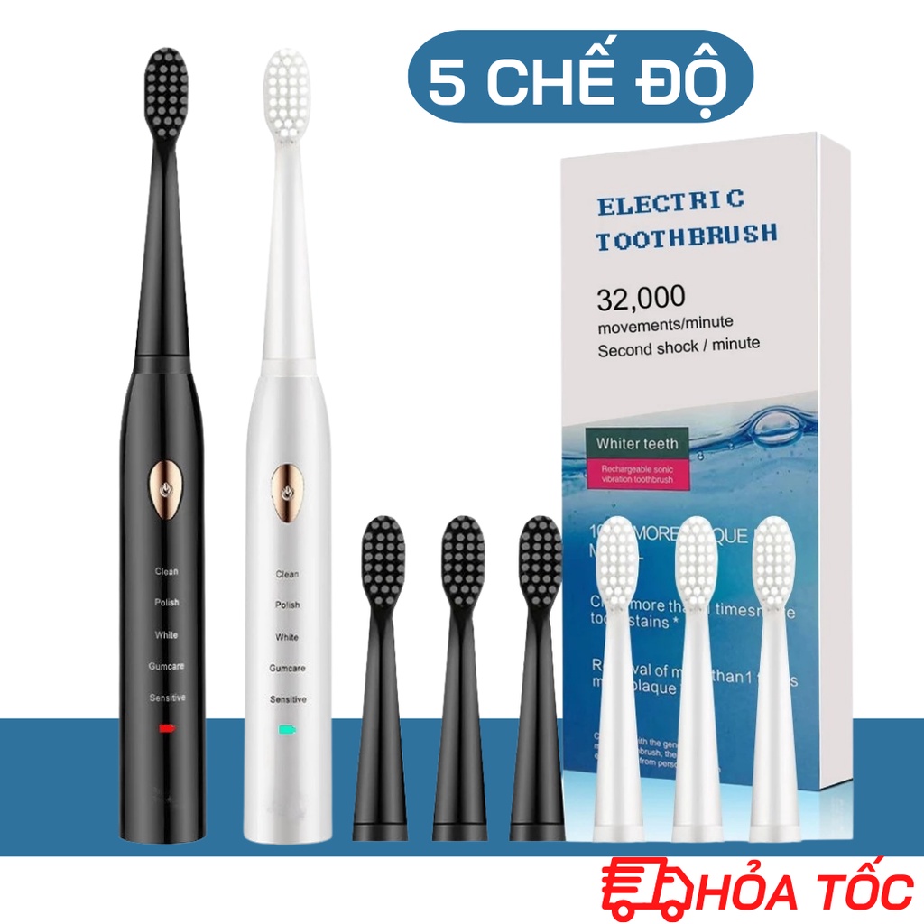 Bàn Chải Điện Sóng SIêu Âm 5 Chế Độ Làm Sạch Sâu Hiệu Qủa, Bàn Chải Đánh Răng Điện - Tặng kèm 4 đầu bàn chải