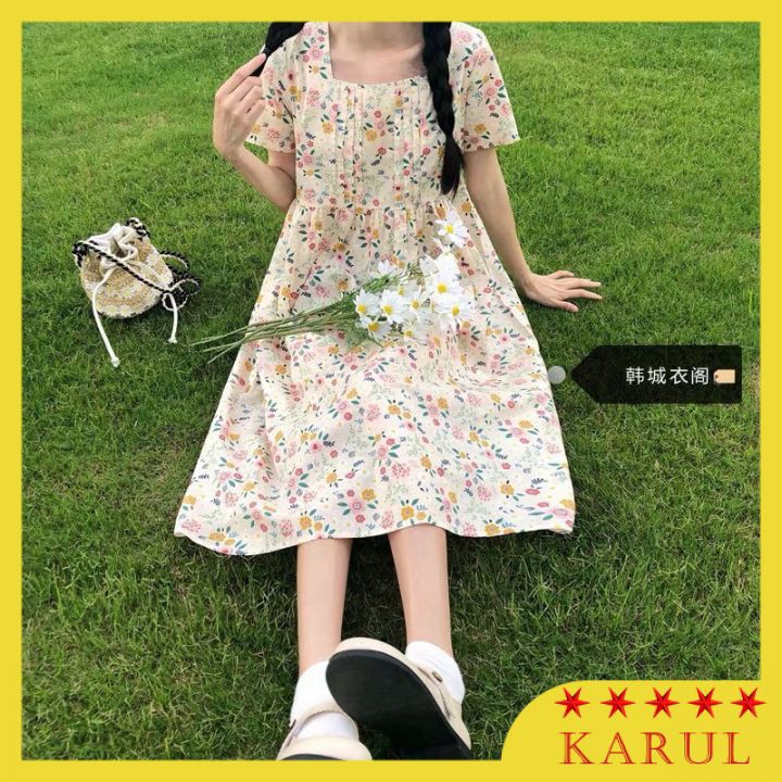 Váy hoa nhí - váy babydoll ulzzang hoa nhí xếp ly ngực ( màu hoa be một màu)