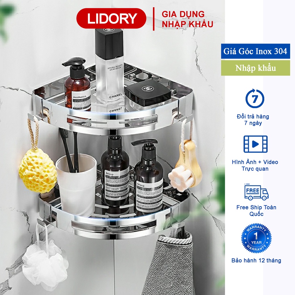 Kệ Góc INOX SUS304 Để Đồ Nhà Tắm Lắp Đặt Dán Tường Gạch Men Hoặc Khoan Vít Tường - LIDORY