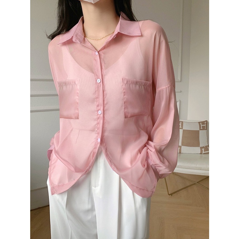 Áo sơ mi nữ mỏng phom rộng khoác ngoài ❤️LENOGI❤️ áo sơ mi voan chiffon xuyên thấu tay dài dễ phối đồ