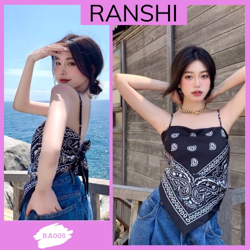 Áo yếm BANDANA RA005 Xanh / Đen Cao Cấp Chất Lụa Mát Thắt Nơ Sau Lưng Có Nút Chỉnh Độ Dài Dây Áo RANSHI