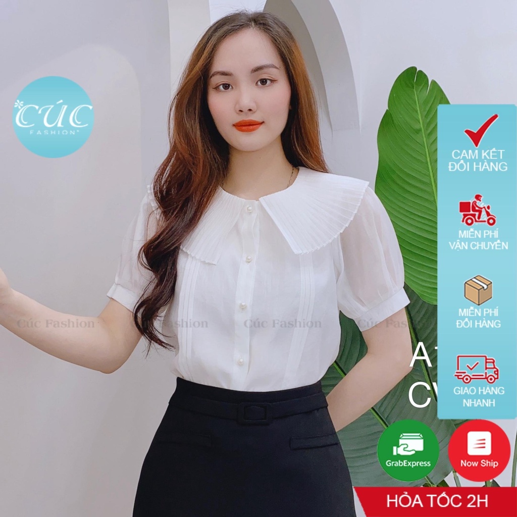 Áo sơ mi nữ CÚC FASHION somi tay ngắn cao cấp lụa đẹp kiểu xếp ly công sở trắng đi học áo cổ dập quạt A1108