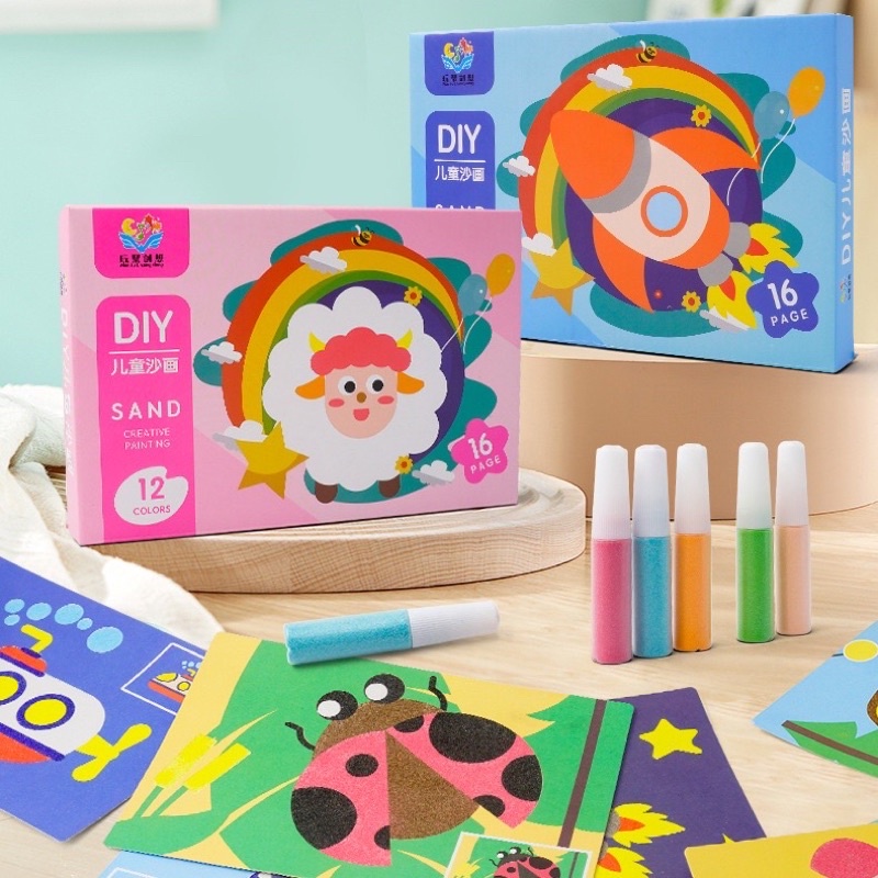 Hộp tranh cát 16 tranh 12 màu Sand Painting DIY kèm cọ và khay đựng cát kèm đầy đủ dụng cụ